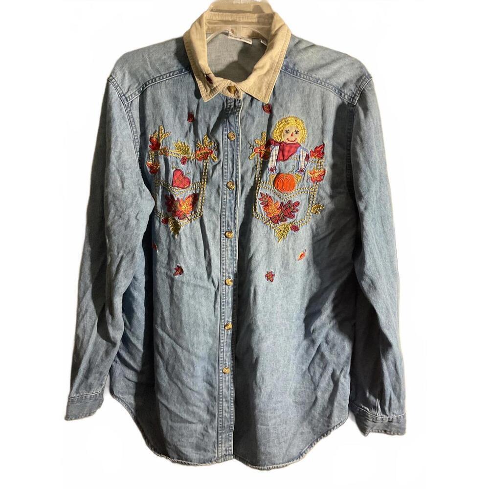 Bobbi Brooks Vintage Fall Denim Button-Up Shirt with Embroidered Design Large